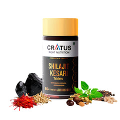 A bottle of Cratus Right Nutrition Shilajit Kesari Tablets with a label showing an image of the tablet and various herbs and spices around it, indicating natural ingredients.